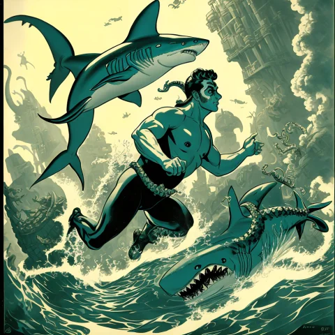 A Painting Of A Man Wearing Fins And A Mask Swimming, Giant... — Stable Diffusion AI Prompt: a painting of a man wearing fins and a mask swimming, giant shark behind him, te...