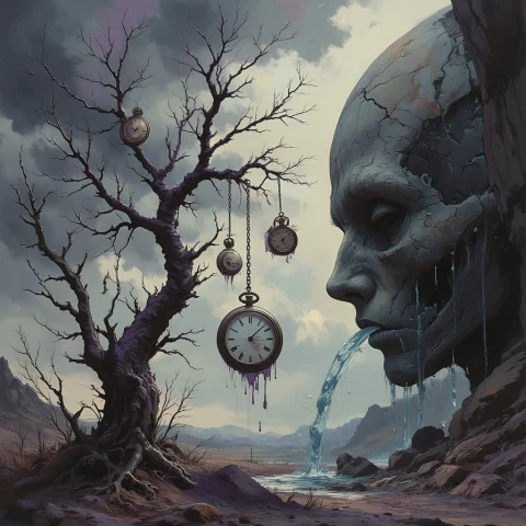 A Surreal, Dark Digital Artwork In Shades Of Grey And Muted... — FLUX AI Prompt: {A surreal, dark digital artwork in shades of grey and muted purple under a stor...
