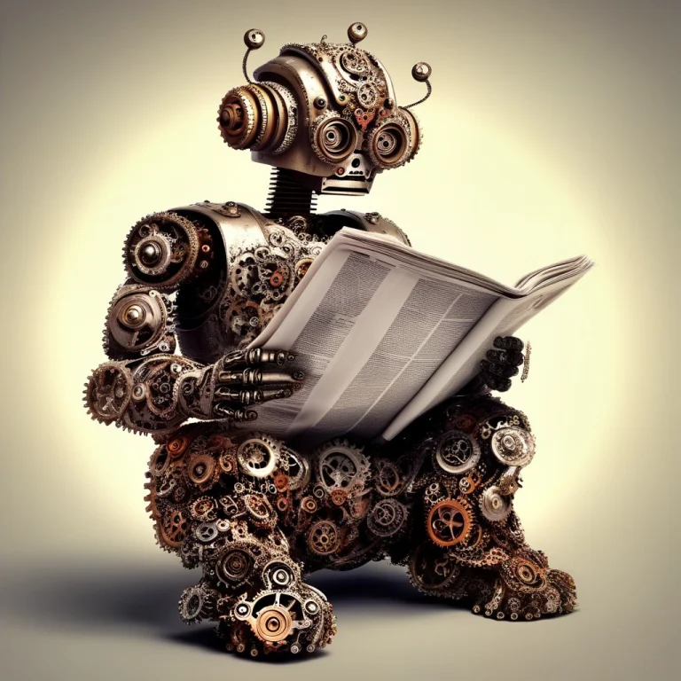 Gearstyle A Robot Made Of Various Gears Is Reading The Newsp...