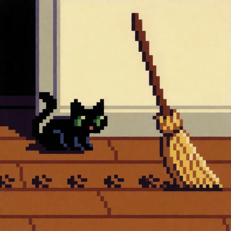 A Living Broom With A Long Wooden Handle And Straw Bristles...