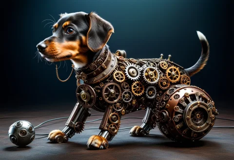 An Ancient, Gigantic Robotic Anamorphic Dashund Puppy Made E... — SDXL AI Prompt: An ancient, gigantic robotic anamorphic dashund puppy made entirely of steampunk...