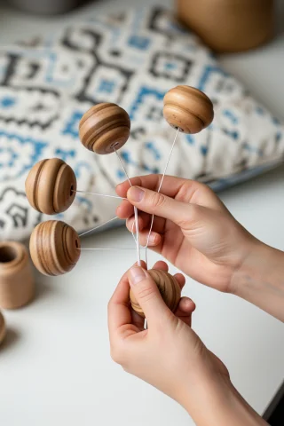 A Lacemakers Hands Juggling Six Wooden Bobbins, Threads Tens... — Stable Diffusion AI Prompt: A lacemaker's hands juggling six wooden bobbins, threads tensioned, pillow with...