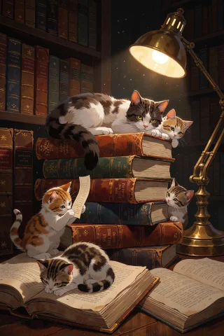 A Mother Cat Rests On A Tall Stack Of Old Leather-bound Book... — Stable Diffusion AI Prompt: A mother cat rests on a tall stack of old leather-bound books in a quiet library...