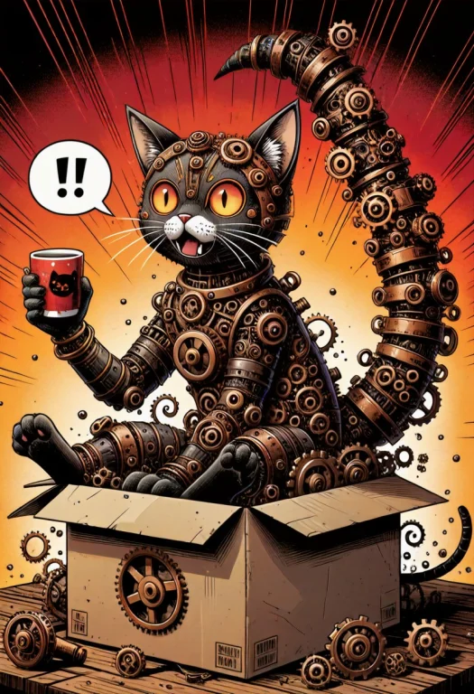 Comic Book Style Illustration, An Absurd Scene Of A Cat Rend...