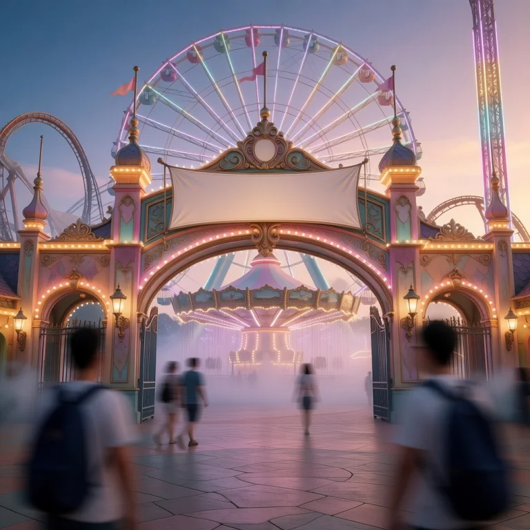 Heres A 50-word Caption A Twilight Amusement Park Entrance G...