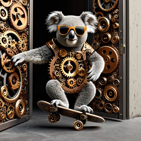 A Koala In Sunglasses Crashing Through A Door On A Skateboar... — SDXL AI Prompt: a koala in sunglasses crashing through a door on a skateboard, pizza slices flyi...