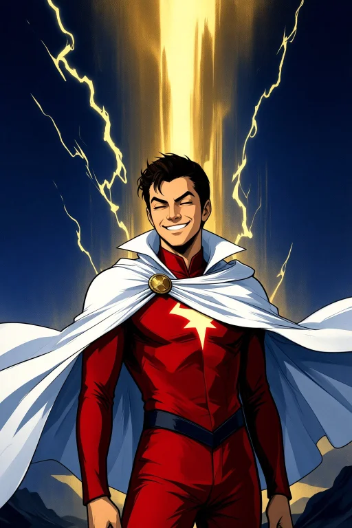 Shazam Standing With Lightning Striking Behind Him, Red Suit...