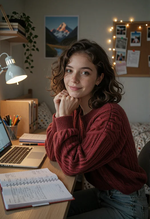2. A 20-year-old Student In Her Cozy Room, Seated At A Moder...