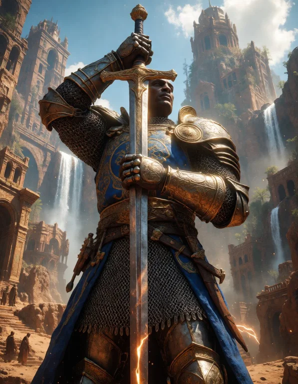 A Dark-skinned Grandmaster Knight Bearing Immaculate Heraldr...