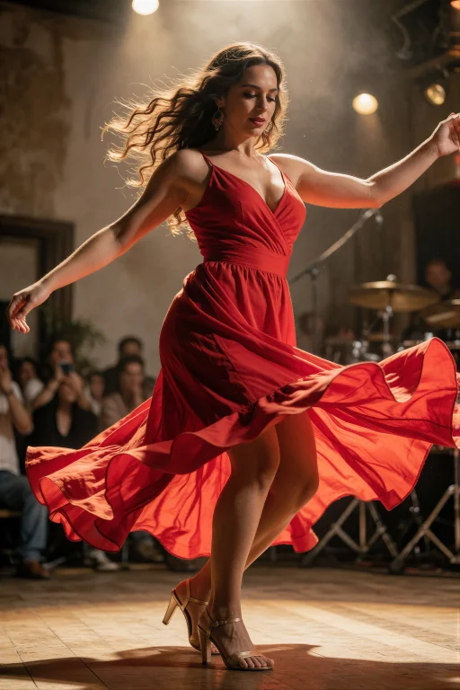 A Confident Salsa Dancer In A Flowing Red Dress Spins Mid-mo...