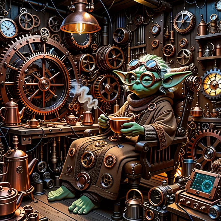 Yoda As An Ancient Steampunk Mechanic Sitting In A Cozy, Clu...
