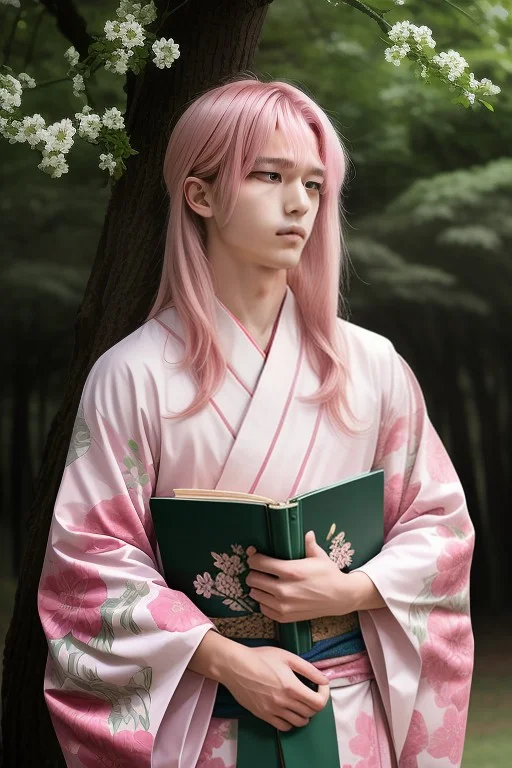 1boy, Solo, Waist-length Hair, Pink Hair, Green Eyes, Kimono...