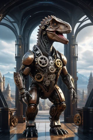 A Shiny Dino In A Business Suit Is Standing In The Entrance... — SDXL AI Prompt: a shiny dino in a business suit is standing in the entrance of a futuristic cast...