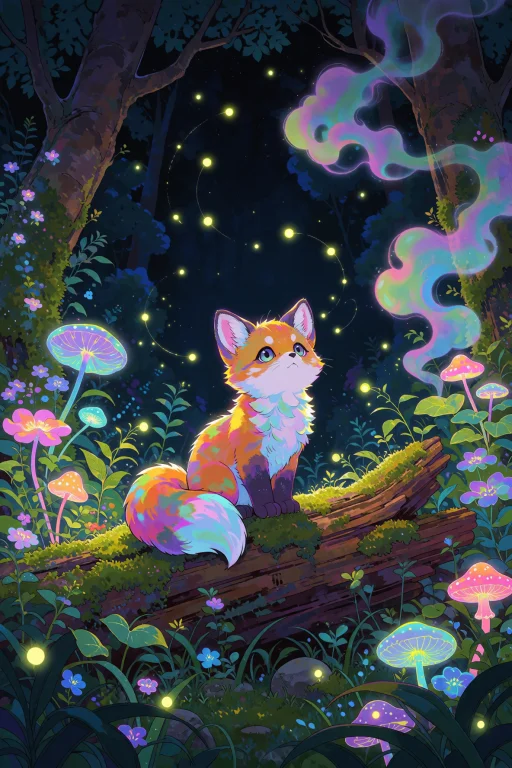 A Dense, Enchanted Forest At Night, Alive With Drifting Fire...