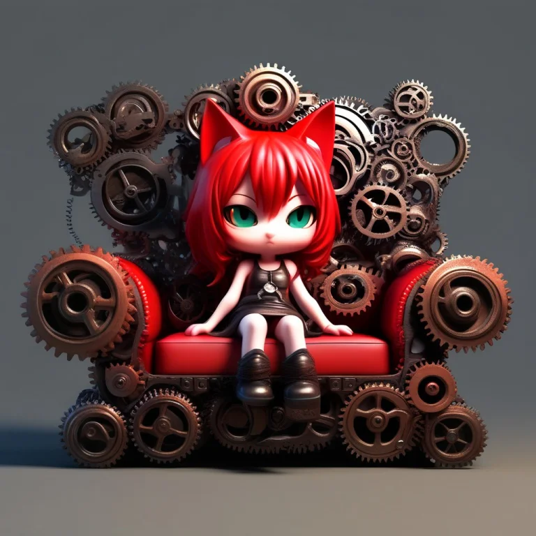 A 3d Chibi Anime Red Hair Cat Girl Sit On Gear Sofa Made Of...