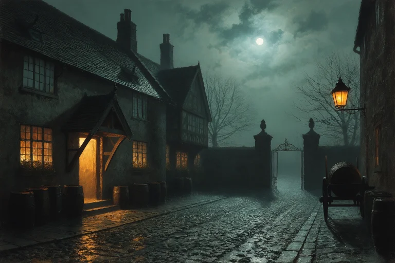 In The Manner Of Grimshaws Moonlit Visions, Inn Courtyard At...