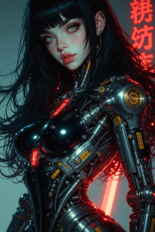 Android Woman, Assertive Expression, Full Big Lips, Big Blue...