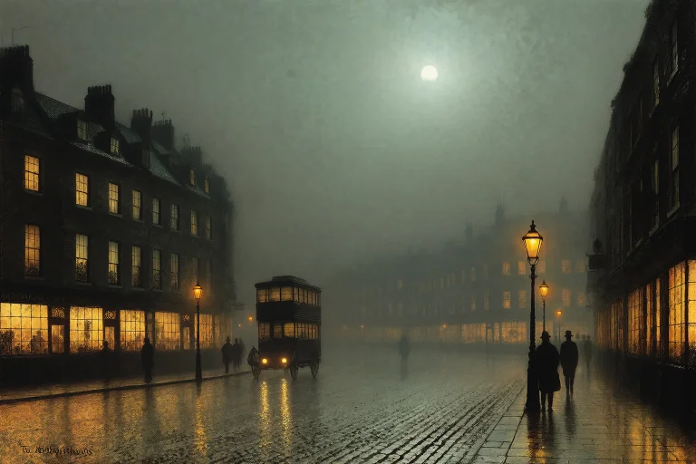 John Atkinson Grimshaw Style, Fog-bound Intersection At Nigh...