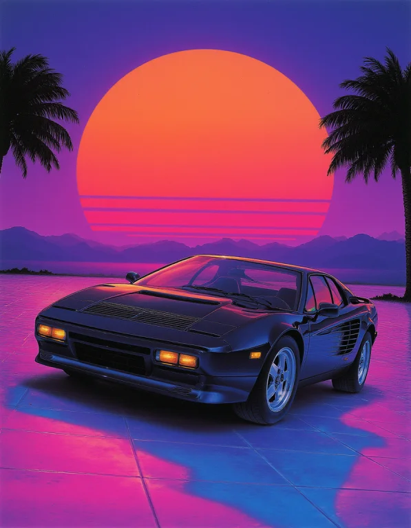 80sairbrush. A Low Black Wedge-shaped Sports Car With Raised...