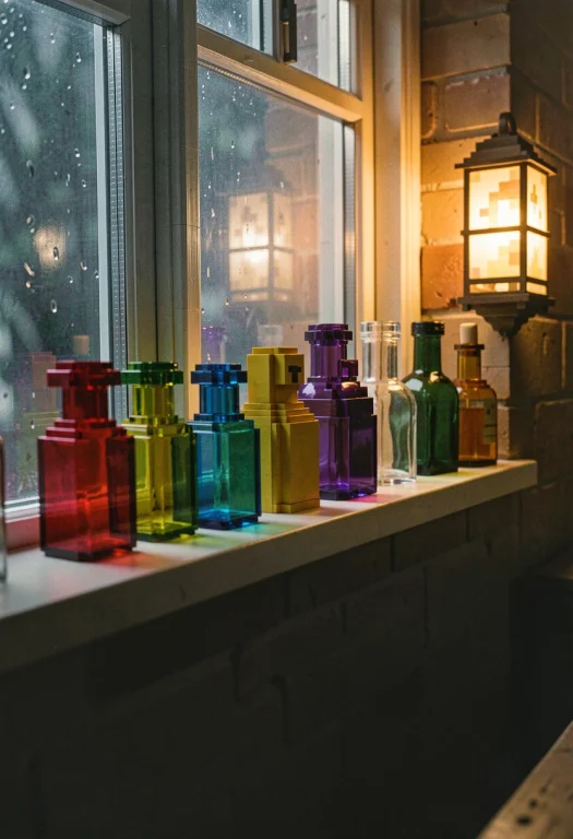 A Row Of Colored Glass Bottles On A Windowsill, Voxel Art, L...