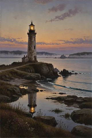 A Lone, Enduring Lighthouse Rises From A Craggy Promontory T... — Stable Diffusion AI Prompt: A lone, enduring lighthouse rises from a craggy promontory that anchors the fram...