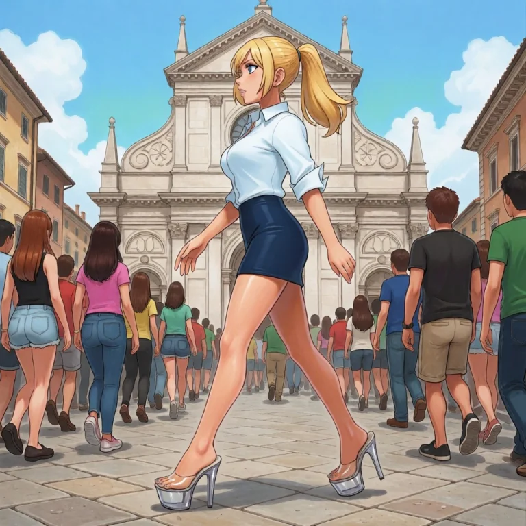 1 Woman, Solo, Italina City, Plaza, Church, Crowd, Walking,...
