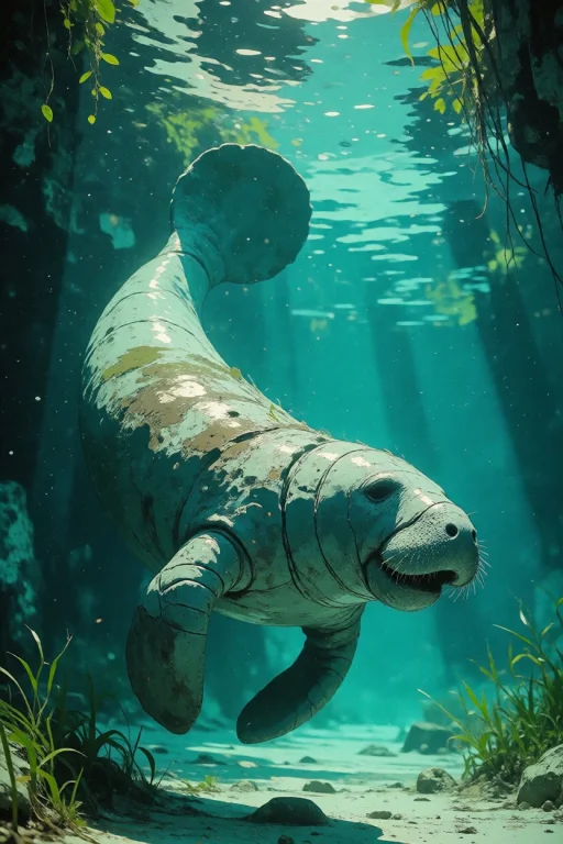 Nature, A West Indian Manatee Rolling Just Below The Surface...