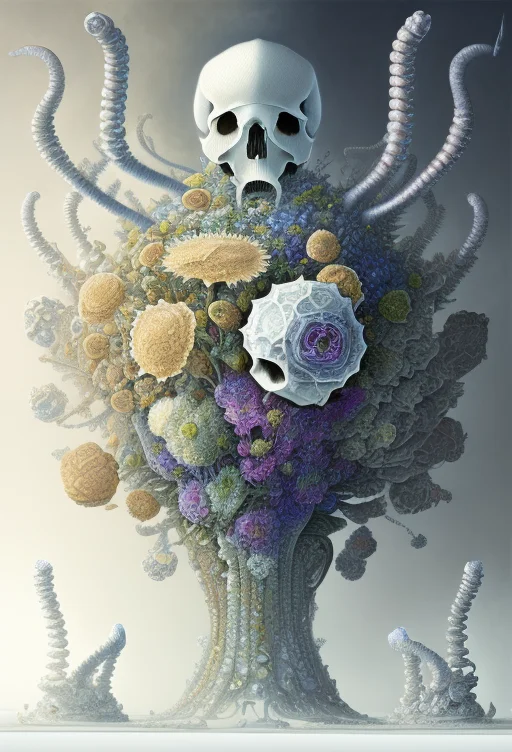 Mdjrny-v4 Style Oil Painting Of A Skull Vase Of Flowers On A...