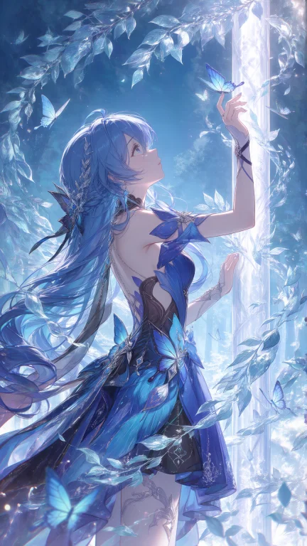 Digital Illustration Of A Young Woman With Long Blue Hair In...