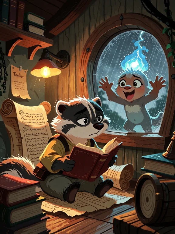A Cramped, Cozy Treehouse Study During A Thunderstorm, A Spe...