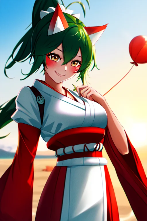 1girl, Kiriko, Green Hair, Ponytail, Fox Mask, Half Mask, Wh...