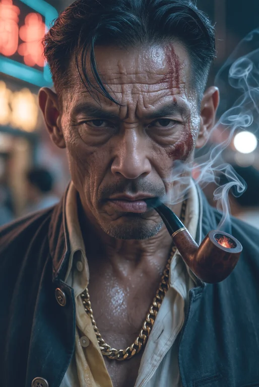Cinematic Portrait, Extreme Close-up Of A Menacing 80s-90s C...