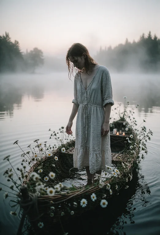 A Serene, Painterly Wide Shot Of A Young Beautiful Woman Sta...