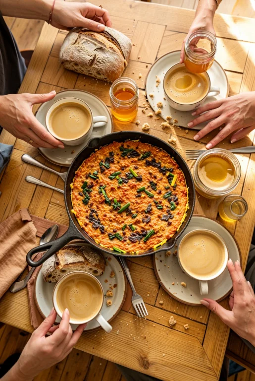 Overhead Photo Of A Messy Weekend Brunch Table Shakshuka In...