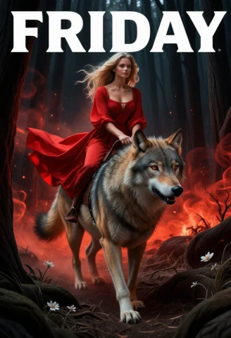 A Blonde Woman In Red Robe With Baroque Texture Rides A Gian... — Stable Diffusion AI Prompt: A blonde woman in red robe with baroque texture rides a giant wolf, running in t...