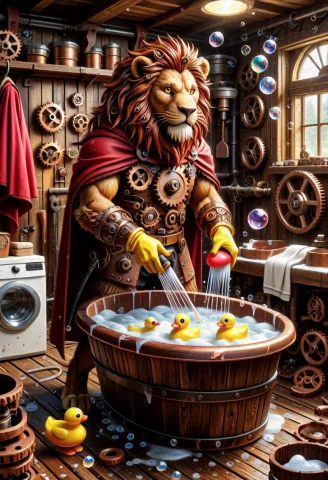 Gearstyle Anthropomorphic Lion, Mane Of Layered Copper Cogs,... — SDXL AI Prompt: gearstyle anthropomorphic lion, mane of layered copper cogs, gear structure, wea...