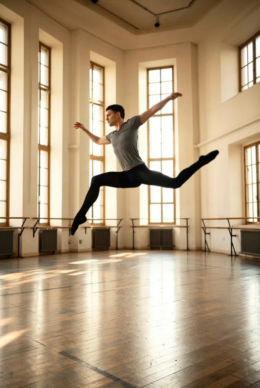 A 27-year-old Male Ballet Dancer Mid-leap In An Empty Rehear...