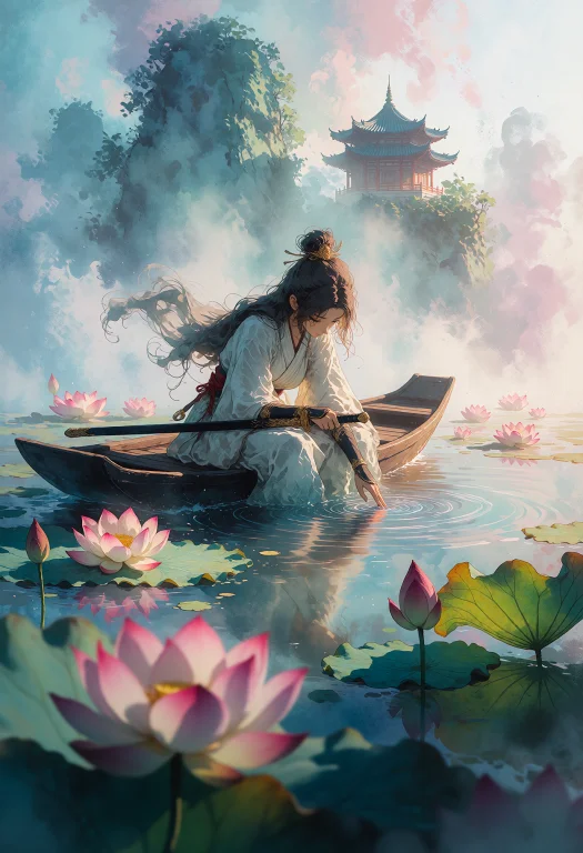 Kani2rer, Arsmjstyle, Watercolor , A Graceful White-clad Fem...