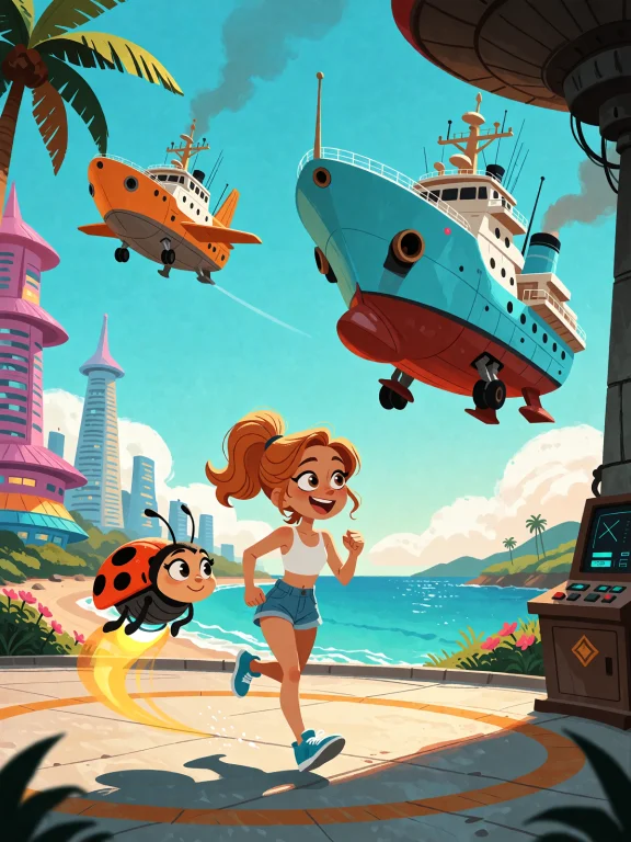 A Bustling Daytime Spaceport City On A Tropical Coastline, S...