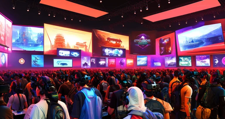 A Virtual Reality Game Convention, With Visitors Immersed In...