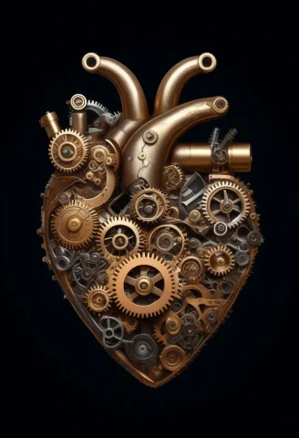 Gearstyle, An Anatomical Heart Assembled From Interlocking B... — SDXL AI Prompt: gearstyle, an anatomical heart assembled from interlocking brass, steel and copp...