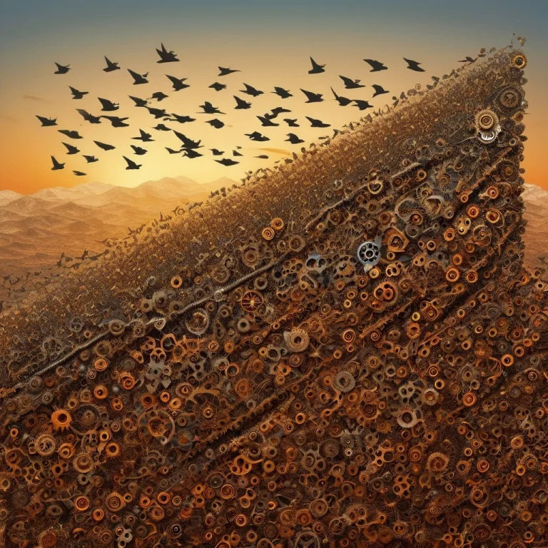 A Flock Of Birds Made Of Gears, Flying Over A Mountain Made...