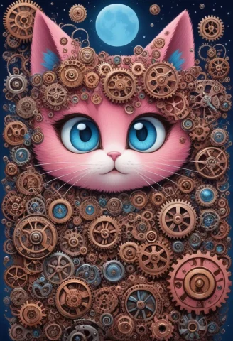 All Made Of Gears, Cute Pink And Blue Cat, Gears World, Big... — SDXL AI Prompt: All made of gears, cute pink and blue cat, gears world, big eyes, cartoon, whims...