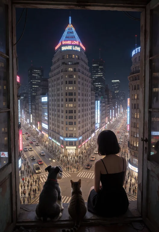 A Schnauzer And A Cat And A Young Woman In A Black Dress Are...