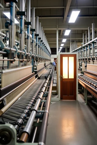 A Factory Hall With Endless Rows Of Looms Converging To A Li... — Stable Diffusion AI Prompt: A factory hall with endless rows of looms converging to a lit foreman's door, be...