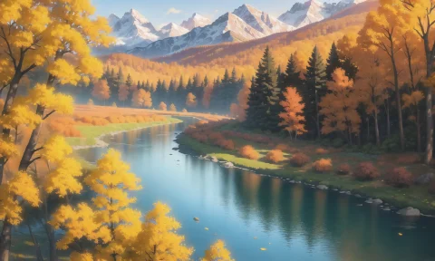 Masterpiece, Best Quality, Forest, Mountainous Horizon, Moun... — Stable Diffusion AI Prompt: masterpiece, best quality, forest, mountainous horizon, mountain, flowers, river...