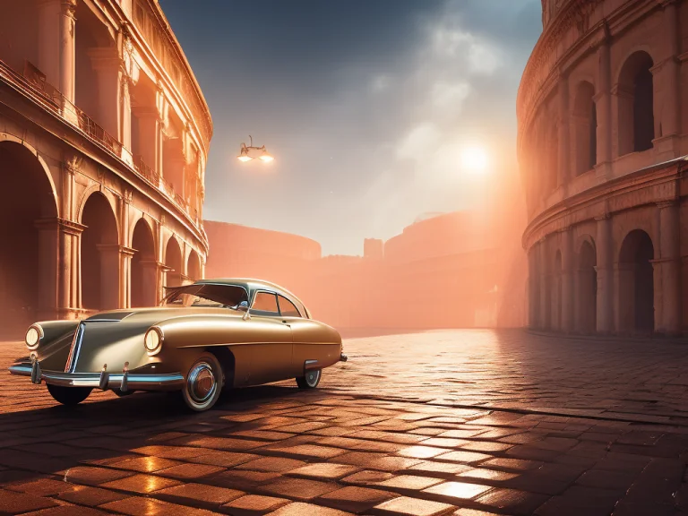 Cyber City With Wet Cobblestones Colosseum With Oldtimer Car...