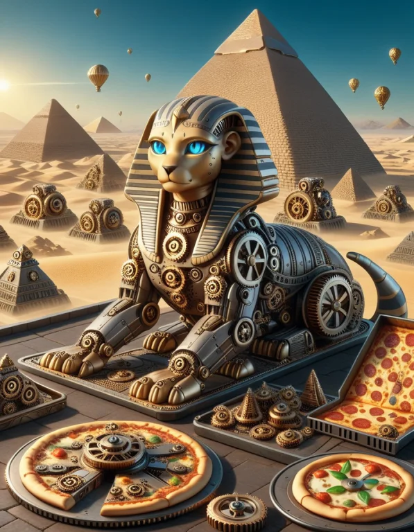 The Great Sphinx, In Front Of The Pyramids Next To A Pizza H...