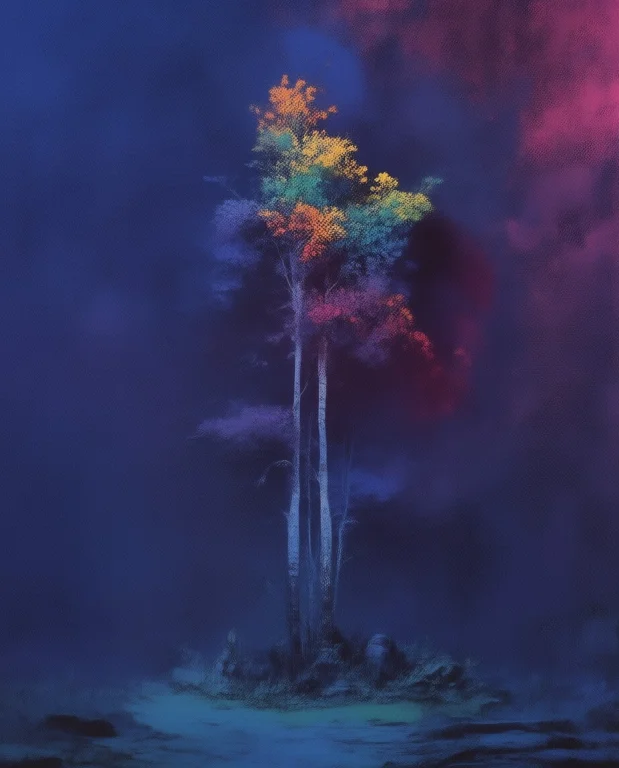 Surreal Minimalist Painting Of A Single Birch Tree Against A...