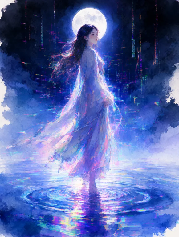 A Beautiful Girl Stands In A Serene, Shallow Body Of Water,...